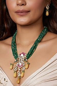 Gold Finish Green Beaded Pendant Necklace Set