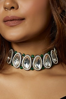 Gold Finish Kundan Polki & Pearl Beaded Choker Necklace