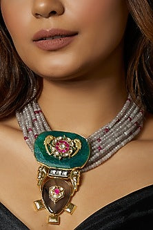 Gold Finish Kundan Polki & Multi-Colored Agate Stone Necklace