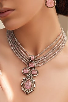 Gold Finish Pink Stone & Grey Beaded Necklace Set