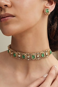Gold Finish Light Green Stone Choker Necklace Set