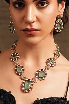 Gold Finish Green & Pink Stone Victorian Necklace Set