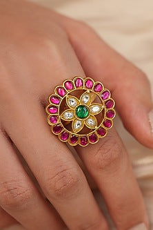 Gold Finish Kundan Polki & Red Stone Floral Ring