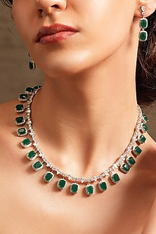Gold Finish Diamond & Emerald Stone Loop Necklace Set
