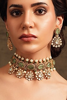 Gold Finish Light Green Stone & Pearl Choker Necklace Set
