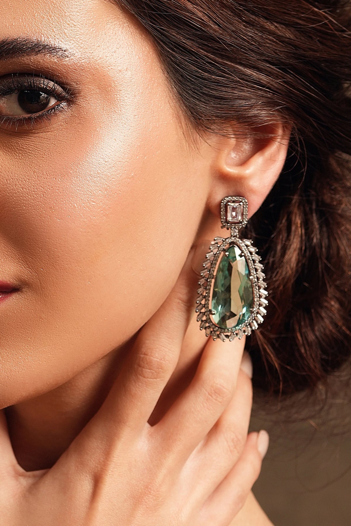 Gold Finish Teal Blue Translucent Stone Teardrop Dangler Earrings