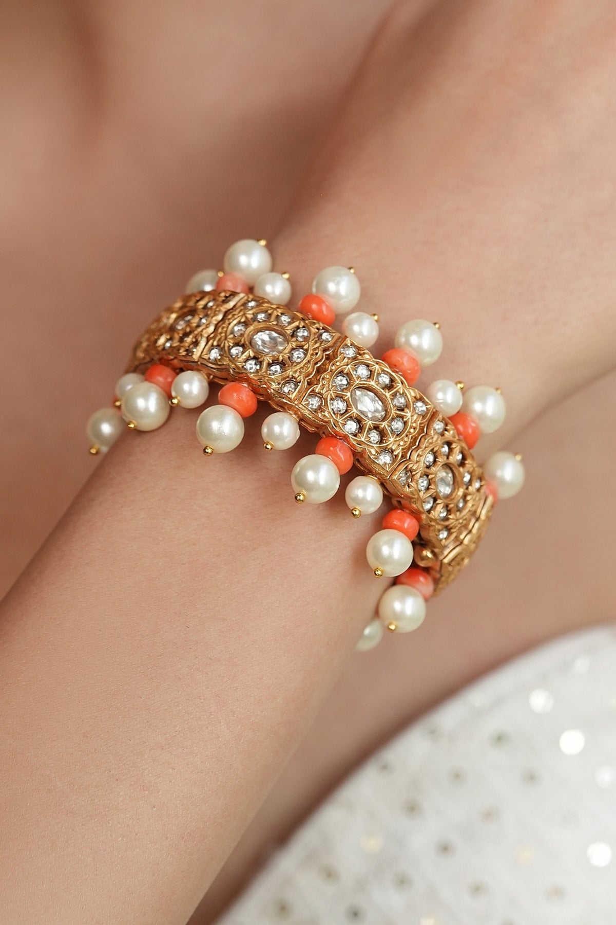 Gold Finish Orange Beaded & Kundan Polki Kada