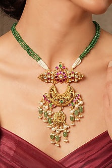 Gold Finish Green Beaded & Multi-Colored Stone Necklace