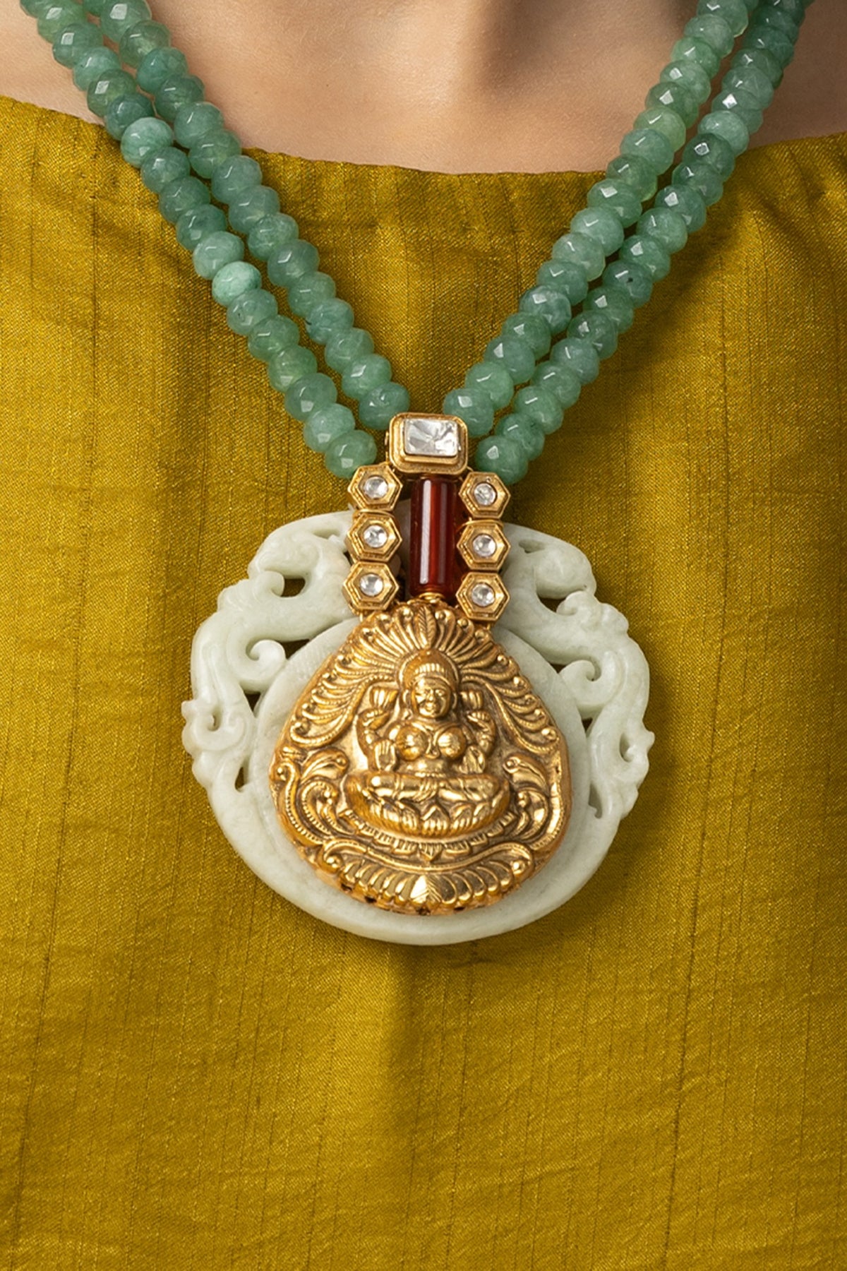 Gold Finish Green Stone Necklace
