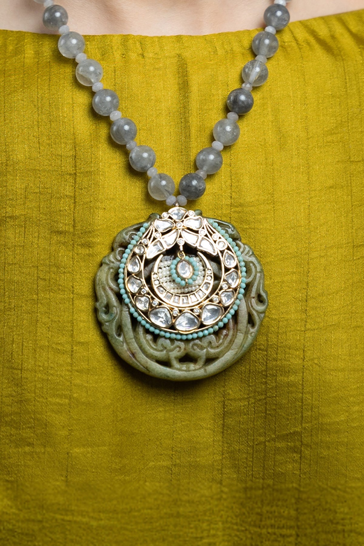 Gold Finish Blue Beaded Necklace