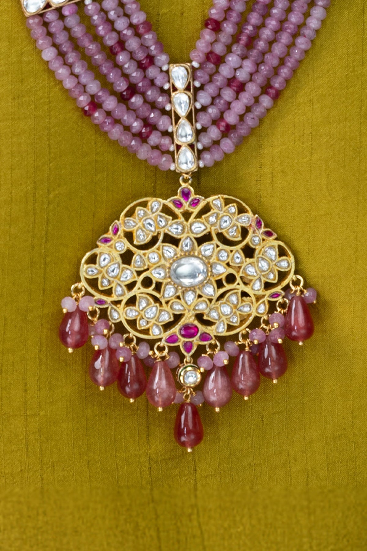 Gold Finish Pink Beaded Necklace