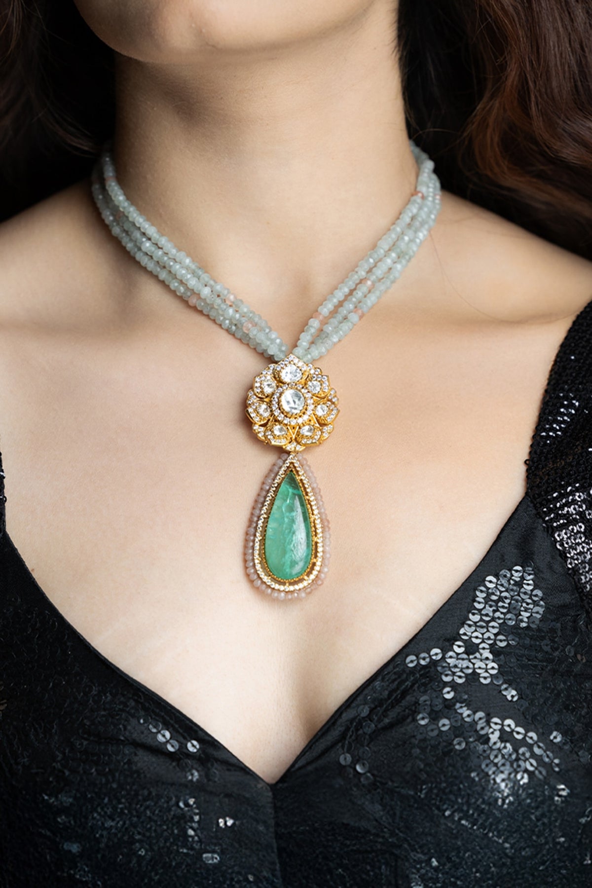 Gold Finish Green Beaded Necklace
