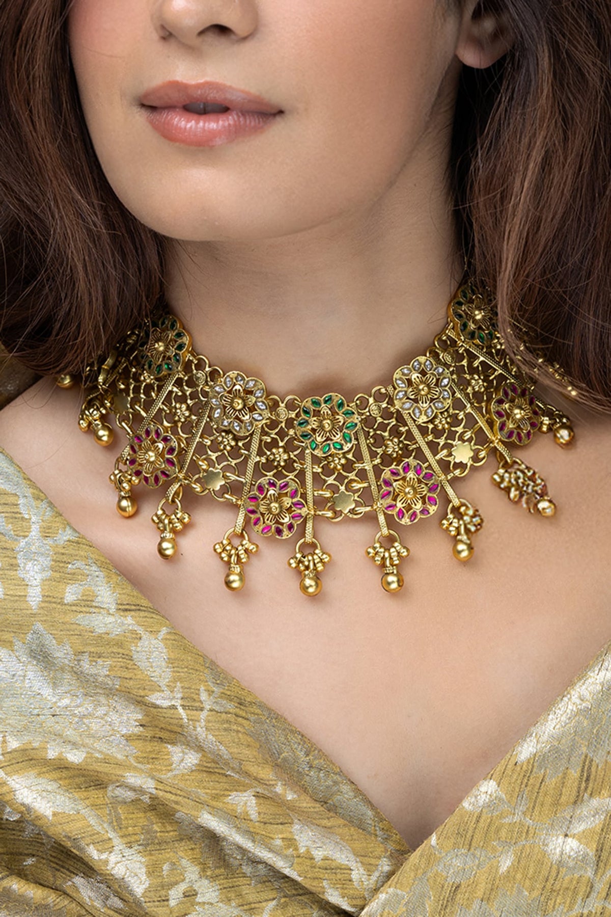 Gold Finish Multi-Colored Stone Necklace