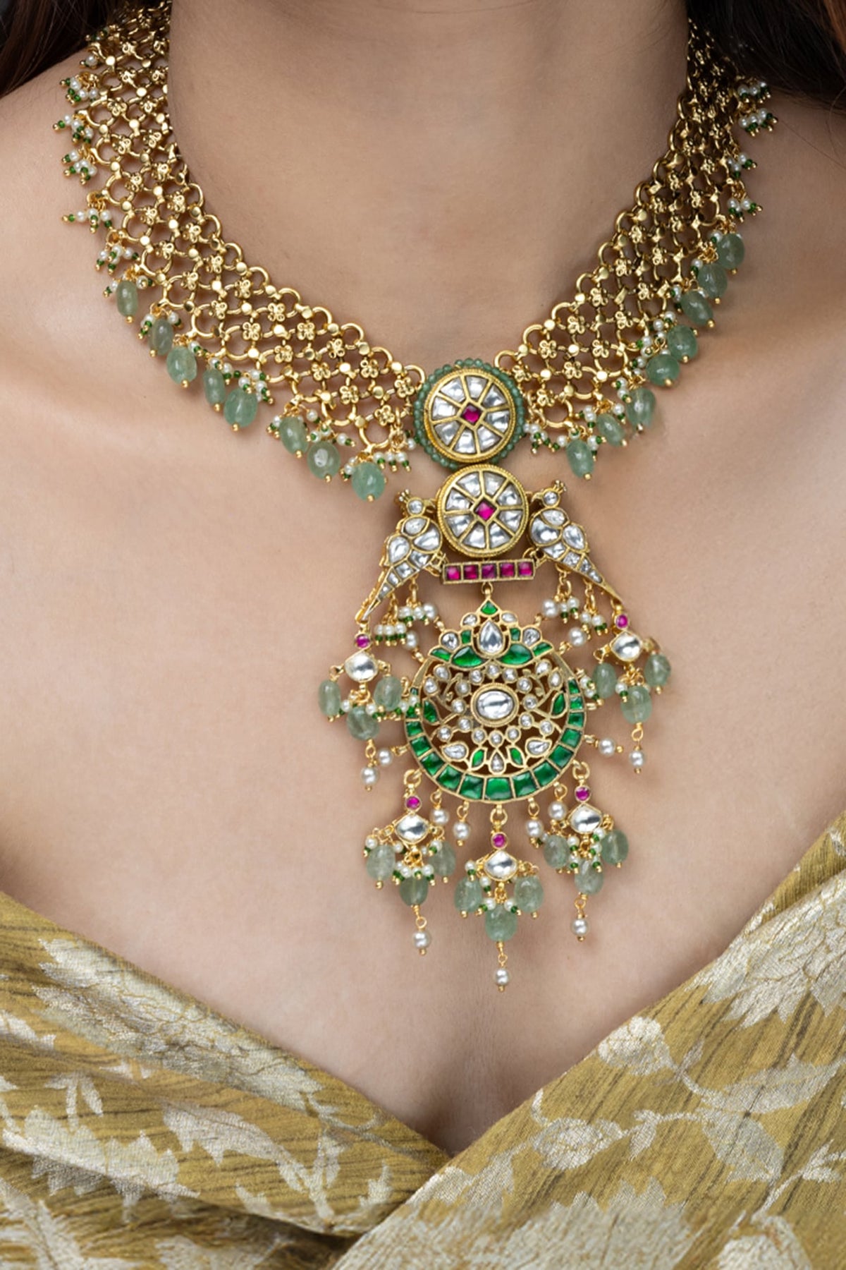 Gold Finish Green Drop Necklace