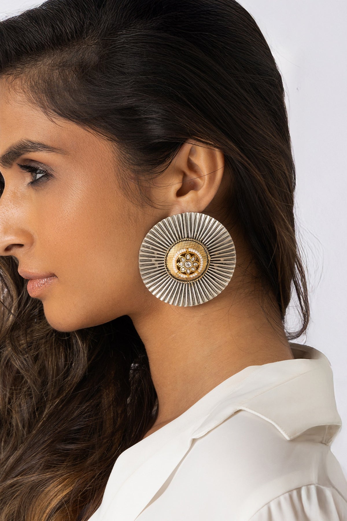 Gold Finish Round Bead & Pearl Stud Earrings