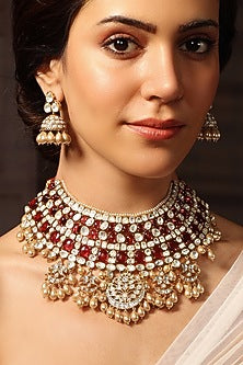 Gold Finish Red Stone Necklace Set