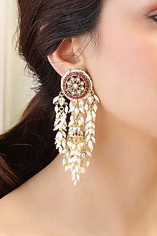 Gold Finish Red Stone Dangler Earrings