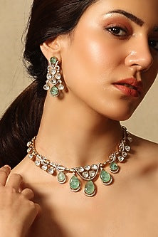 Gold Finish Green Teardrop Stone Necklace Set