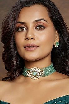 Gold Finish Kundan Polki & Green Agate Beaded Choker Necklace Set