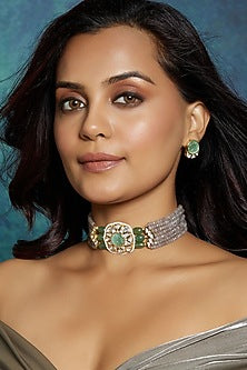 Gold Finish Kundan Polki & Grey Agate Beaded Choker Necklace Set