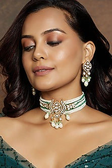 Gold Finish Kundan Polki & Agate Beaded Choker Necklace Set