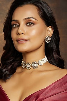 Gold Finish Kundan Polki & Beaded Choker Necklace Set