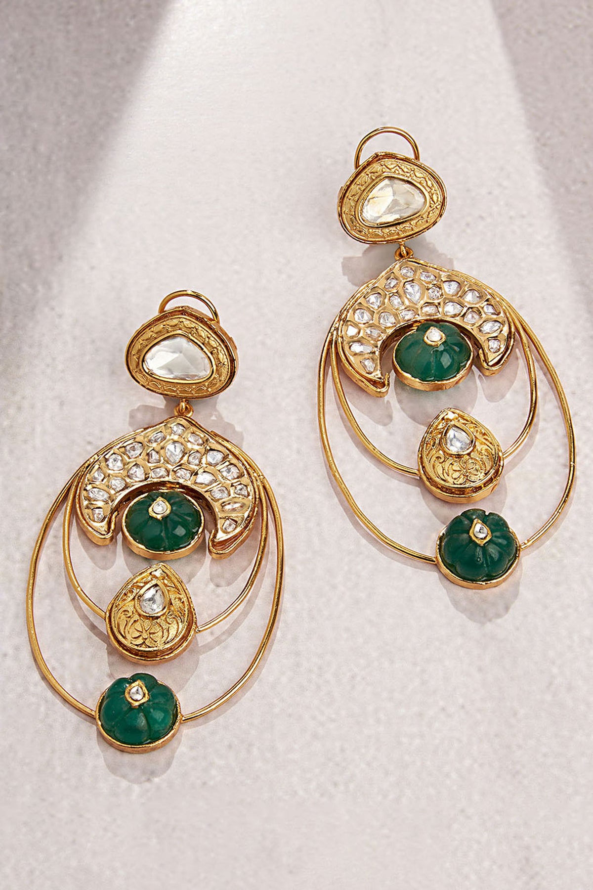 Gold Finish Kundan Polki & Green Jade Beaded Dangler Earrings