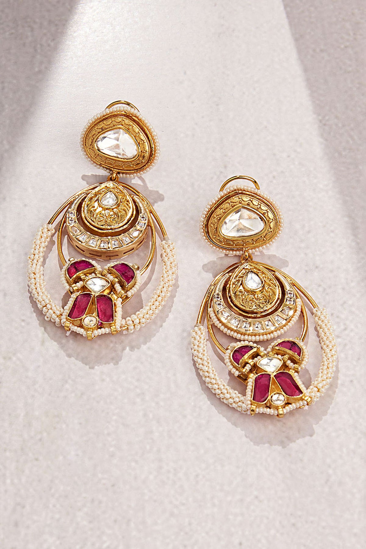 Gold Finish Kundan Polki & Hydro Ruby Dangler Earrings