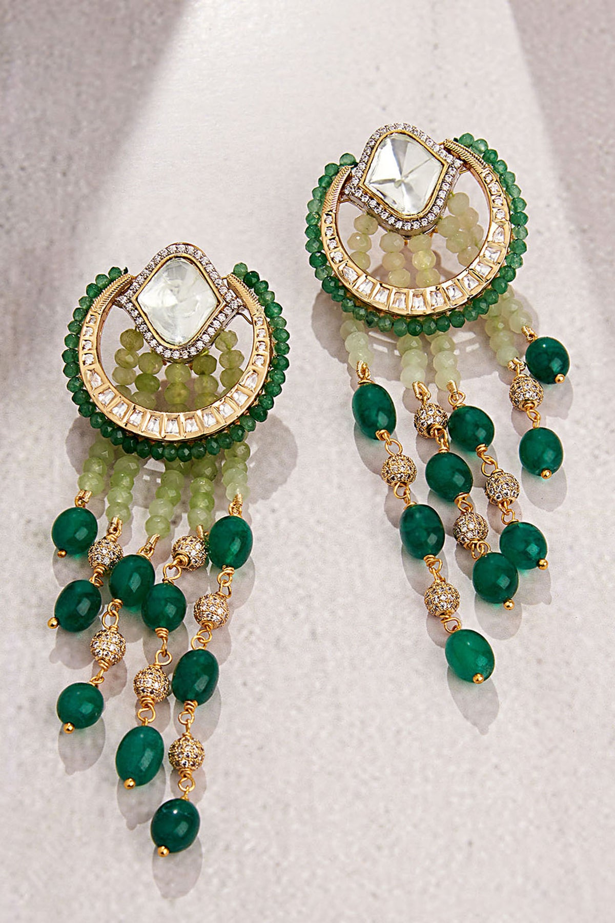 Gold Finish Kundan Polki & Green Beaded Dangler Earrings
