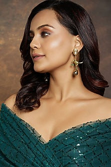 Gold Finish Bird Motif & Pearl Dangler Earrings