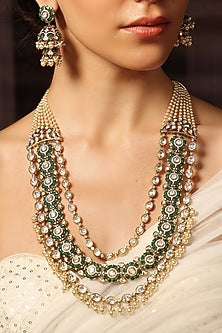 Gold Finish Green Stone Layered Necklace Set