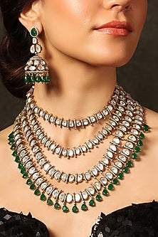 Gold Finish Emerald Stone Necklace Set