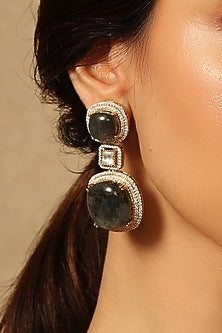 Gold Finish Black Stone Dangler Earrings