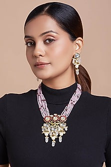 Gold Finish Necklace Set With Hydro Rubies