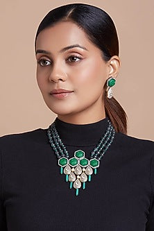 Gold Finish Necklace Set With Jade Beads