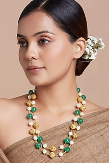 Gold Finish Green Agate Beaded Long Necklace