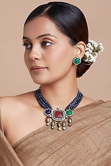 Gold Finish Blue Agate Beaded Long Necklace Set