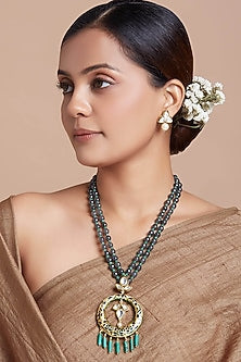 Gold Finish Grey Hydro Polkis Long Deep Blue Meenakari Necklace Set