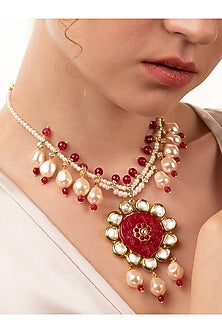 Gold Finish Kundan Polki & Red Agate Necklace