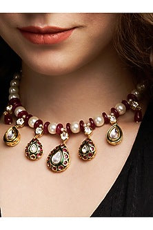 Gold Finish Kundan Polki & Red Agate Necklace