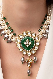 Gold Finish Kundan Polki & Green Agate Long Necklace