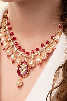 Gold Finish Kundan Polki & Red Agate Necklace