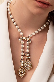Gold Finish Kundan Polki & Pearl Long Necklace