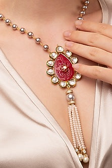 Gold Finish Kundan Polki & Red Agate Necklace