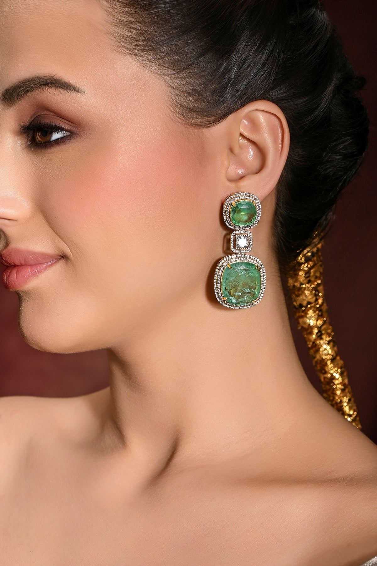 Gold Finish Green Stone Dangler Earrings