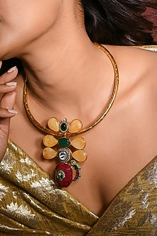 Gold Finish Multi-Colored Stone Choker Necklace