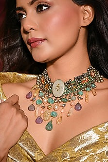 Gold Finish Multi-Colored Stone Necklace