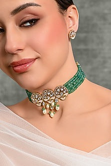 Gold Finish Green Stone Choker Necklace Set