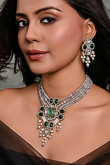 Gold Finish Green Stone Necklace Set