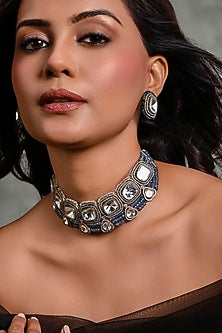 Gold Finish Blue Stone Choker Necklace Set
